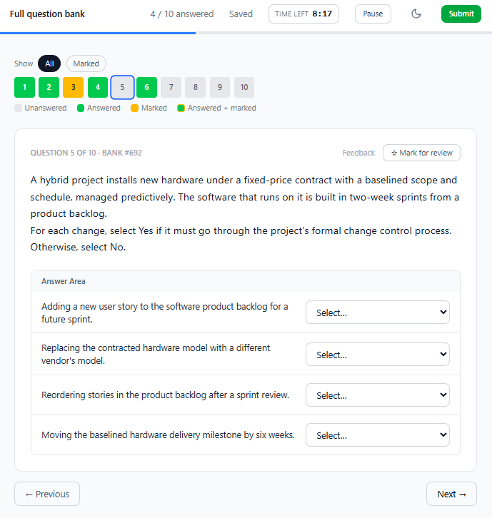 A PMP practice question with an answer area of Yes/No dropdowns for four project changes