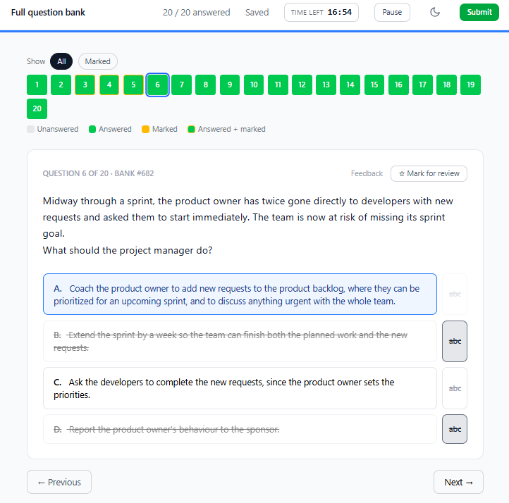 A PMP practice test in progress: exam clock, question navigator with answered and marked questions, and two answer options crossed out