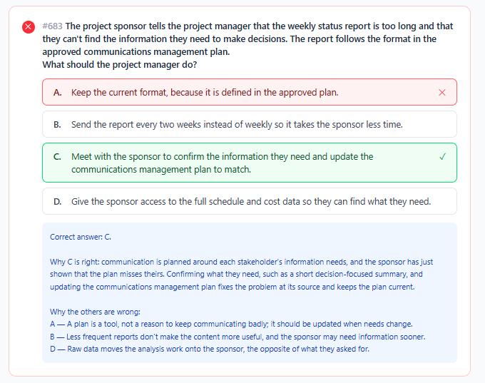A reviewed practice question showing the wrong answer chosen, the correct answer, and an explanation for every option